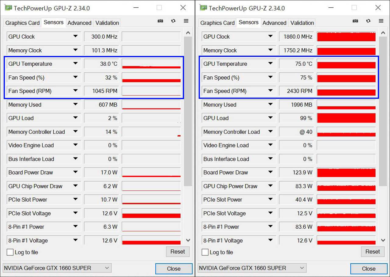 ▲ XLR8 GTX 1660 슈퍼 게이밍 OC GPU 온도(좌: 유휴 상태, 우: 3DMARK 실행)