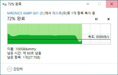 ▲ 60퍼센트 후반에서부터 속도가 하락한다. 858MB/s로 확인된다. 이후 90퍼센트에서는 500MB/s 정도로 표기된다.