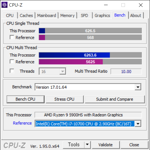 ▲ L3 캐시 16MB가 눈에 띈다. 벤치마크 결과는 무지막지하다. 싱글 626.5, 멀티 6263.6이다. 코어 i7-10700을 시원하게 따돌린다.
