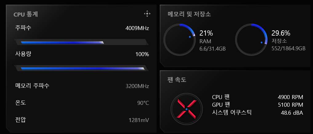 ▲ 블렌더 벤치마크로 CPU 코어에 모두 부하를 가했을 때는 4GHz로 확인됐다. 참고로 시네벤치 R23 멀티 테스트로 10분간 진행할 때도 3.95GHz에서 4GHz를 오갔다. 블렌더 테스트 시 CPU 온도는 최대 90도로 확인된다.