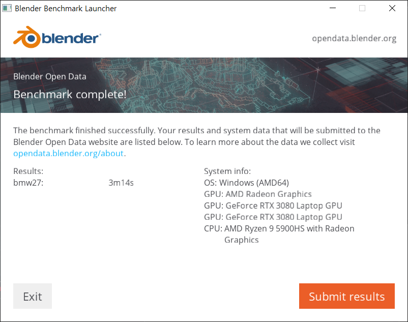 ▲ 블렌더 CPU 테스트 시에는 3분 14초로 확인됐다. 인텔 11세대 타이거레이크 코어 i7-1185G7보다 대략 두 배 이상 더 빠르다.
