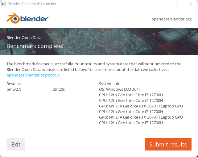 ▲ 블렌더 벤치마크 CPU 진행 결과. 2분 20초만에 완료했다. 참고로 8코어 16스레드의 코어 i7-10875H는 대략 4분 39초 걸린다. 두 배 정도 시간을 줄였다.