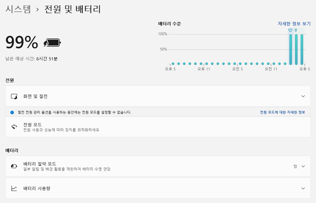 ▲ 배터리 절약 모드에 밝기 50%로 설정 시 6시간 51분을 사용할 수 있는 것으로 표기된다.