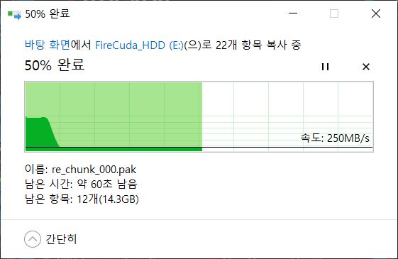 ▲ 바이오 하자드: 빌리지 게임 폴더를 복사하며 시간을 측정했다. 해당 게임 폴더 내 ‘re)chunk.pak’ 단일 파일 크기가 대략 28.8GB로 순차 쓰기 속도의 영향을 크게 받는다. 복사해 보니 초당 250MB/s로 하드디스크 중에서도 빠른 속도로 확인됐다. 평범한 외장하드와 비교하면 대략 두 배 정도 더 빠르다.