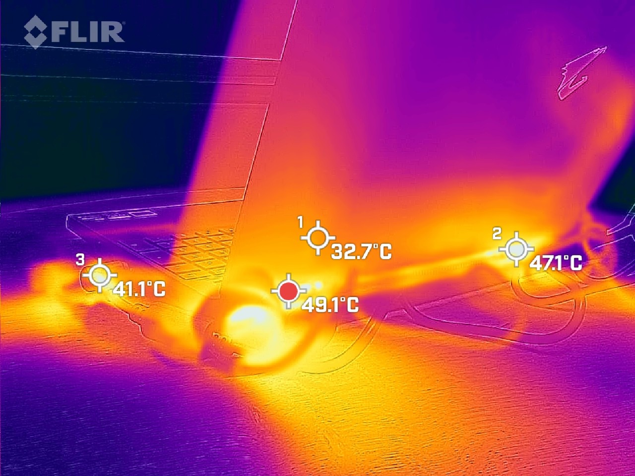 ▲ 둠 이터널 구동 후 15분이 지난 상황이다. 키보드 상단부는 최대 43.2도, 노트북 후면부는 최대 49.1도로 확인된다. 팜레스트는 열이 올라오지 않아 게임 시 별 지장은 없다.