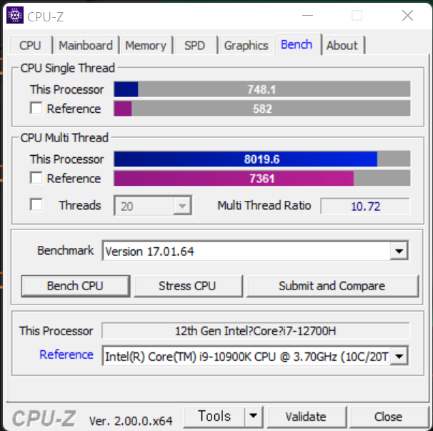 ▲ 싱글 스레드는 749.1점, 멀티 스레드는 8019.6점이다. 코어 i9-10900K보다 한참 높다. 싱글 스레드는 동급 게이밍 노트북보다도 더 높다.