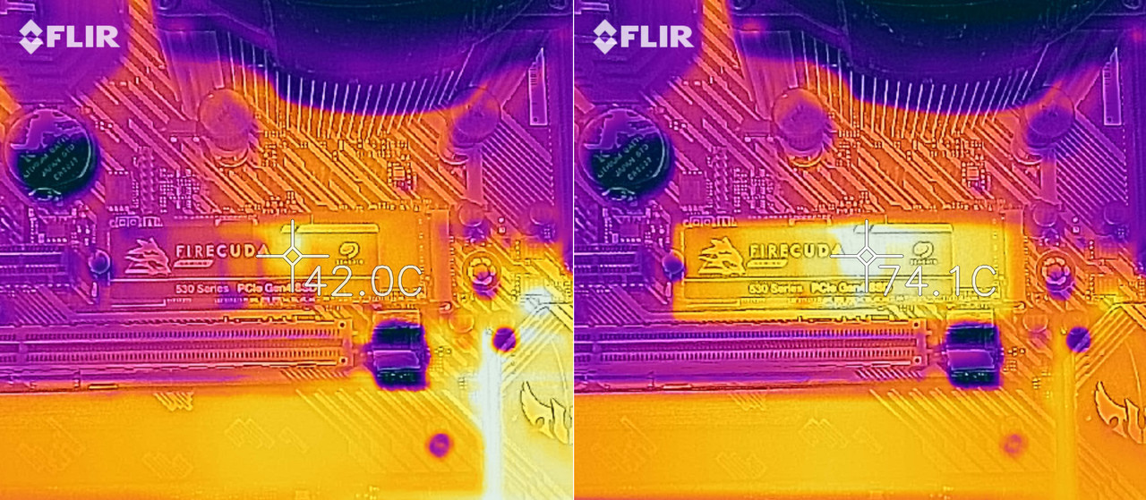 ▲ 파이어쿠다 530 쿨러 미장착 시 유휴 상태(왼쪽)와 최대 부하 상태(오른쪽)