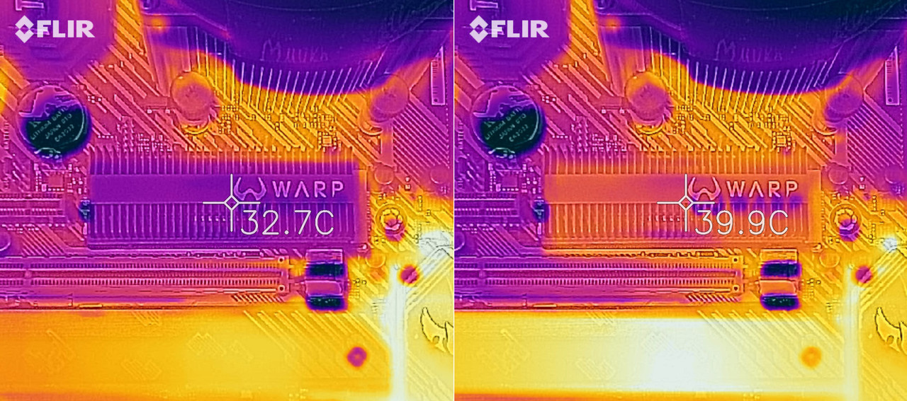 ▲ 워프 실드 S 장착 시 파이어쿠다 530 유휴 상태(왼쪽)와 최대 부하 상태(오른쪽)
