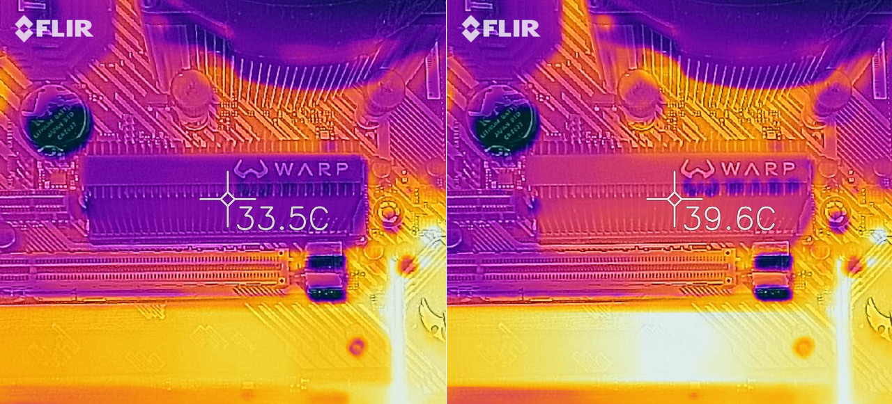 ▲ 워프 실드 H 장착 시 유휴 상태(왼쪽)와 최대 부하 상태(오른쪽)
