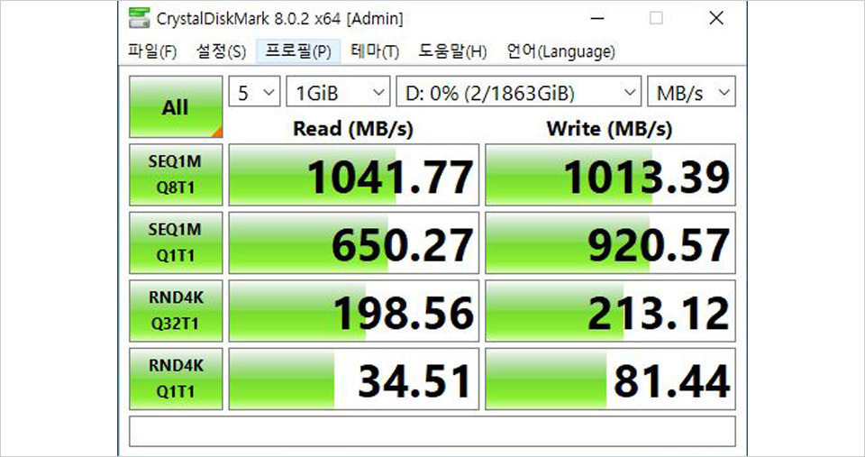 ▲ 크리스탈 디스크마크 테스트 결과