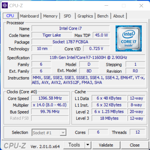 ▲ 코어 i7-11600H. 6코어 12스레드에 L3 캐시 18MB를 갖춘 TDP 45W 프로세서다.
