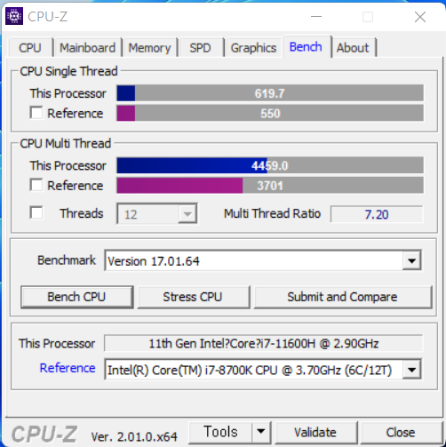 ▲ 싱글 스레드는 619.7점, 멀티 스레드는 4,459점으로 코어 i7-8700K 정도는 훌쩍 뛰어넘는다. 멀티 스레드 성능만 놓고 보면 8코어 16스레드의 라이젠 7 1800X와 비슷하다.