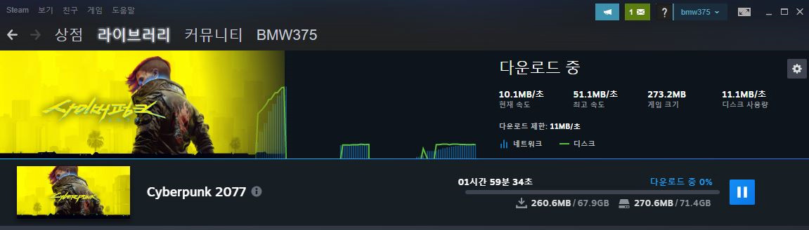 (사진 = 스팀에서 사이버펑크 2077 66GB 다운로드 받는 모습)