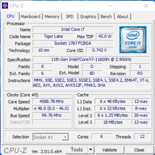 ▲ 코어 i7-11600H. 6코어 12스레드에 L3 캐시 18MB를 갖춘 TDP 45W 프로세서다.