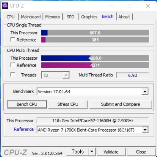 ▲ 싱글 스레드는 607점, 멀티 스레드는 4,208점으로 멀티 스레드만 놓고 보면 8코어 16스레드의 라이젠 7 1700X보다 위다.