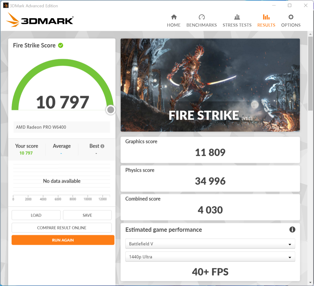 ▲ 파이어 스트라이크 그래픽 스코어 11,809점. 참고로 게이밍 그래픽카드인 라데온 RX 6400은 12,000대 초반이다. GTX 1060 3GB 정도의 점수와 비슷하다.
