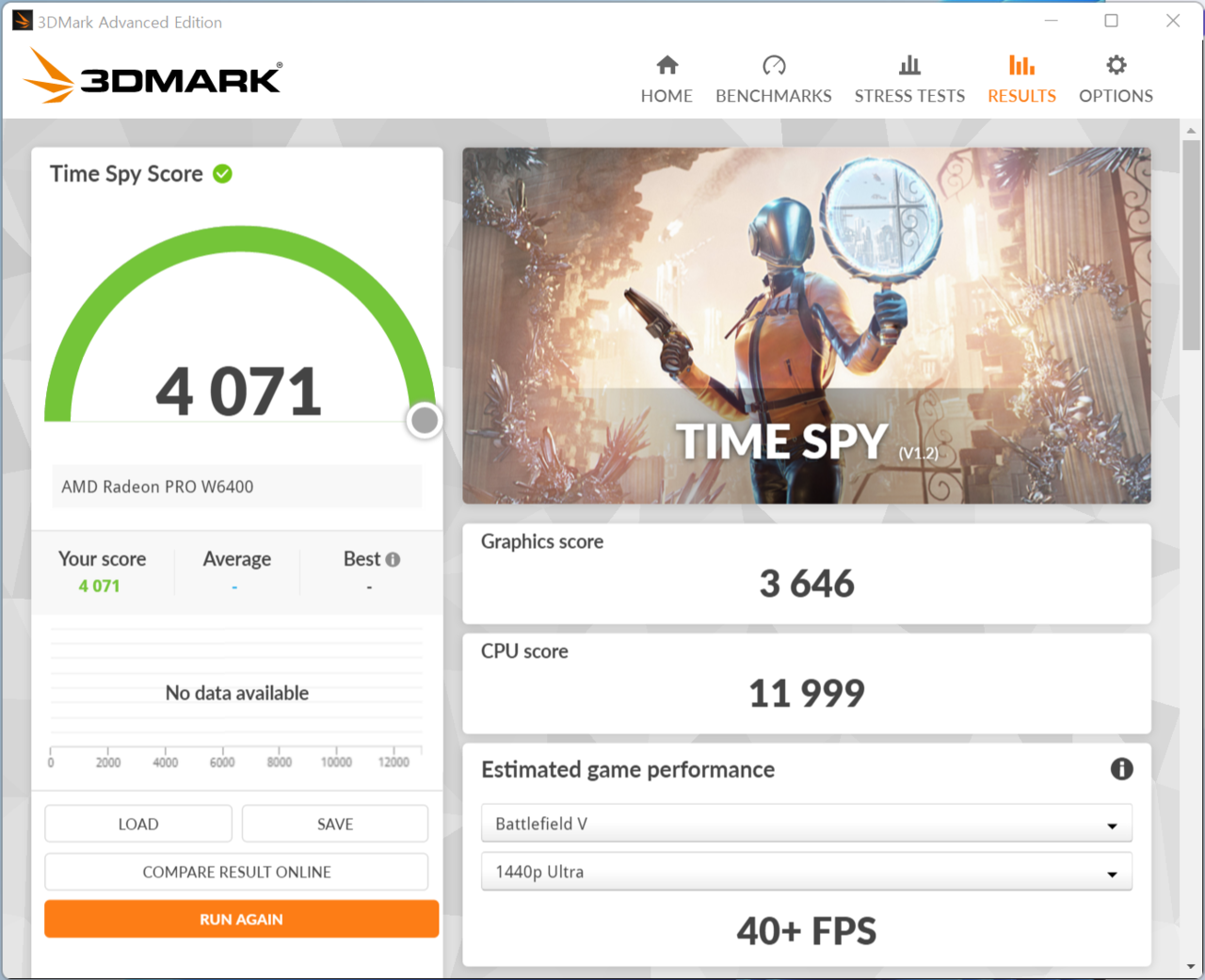 ▲ 타임 스파이 그래픽 스코어 3,646점. 참고로 RX 6400이 3700점 정도다. GTX 1060 3GB와 비슷하다.