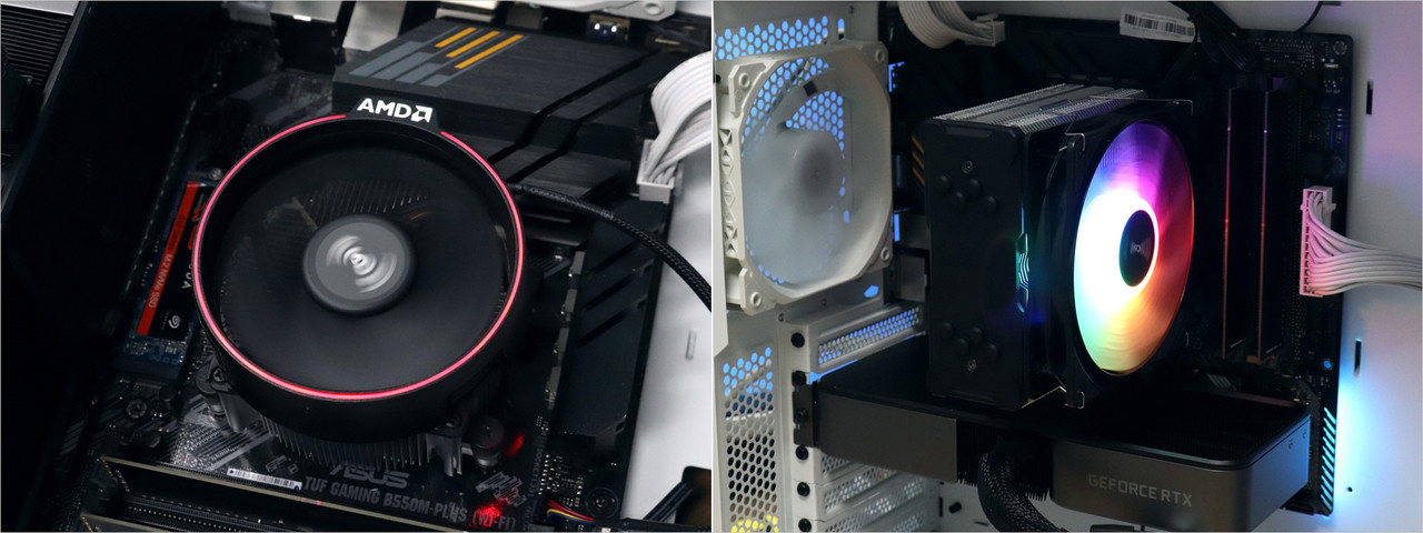 ▲ AMD 레이스 스파이어(왼쪽), 딥쿨 GAMMAXX 400 XT(오른쪽)