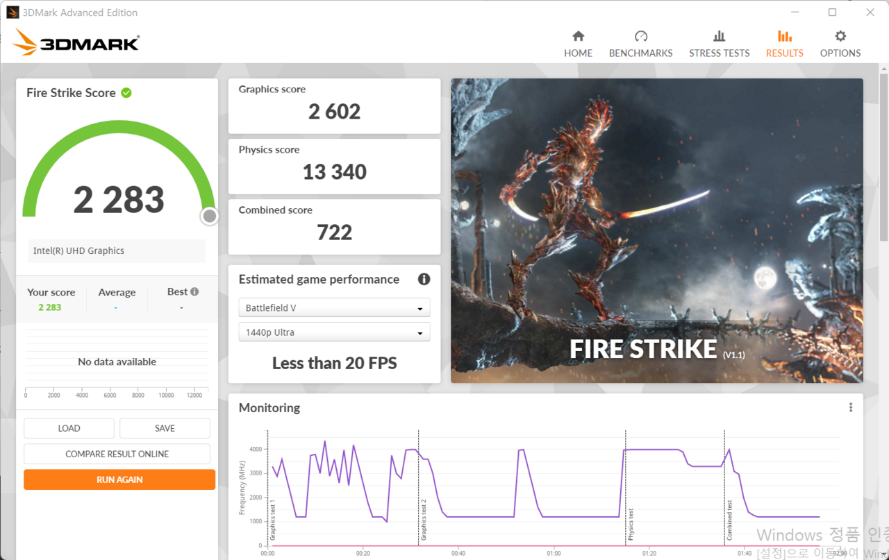 ▲ DDR4 8GB 메모리 단일 구성에서의 3DMARK 파이어 스트라이크 결과다. 그래픽 스코어가 2,602점으로 측정됐다. 과거 라이젠 3 2200G을 듀얼 채널로 구성했을 때의 내장 그래픽 3,020점보다 조금 낮다. DDR4 8GB를 증설해 주면 더 나은 결과를 기대할 수 있다.