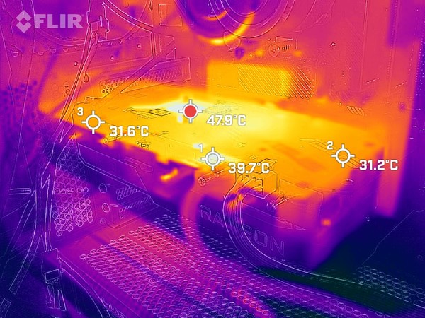 ▲ 그래픽카드 후면부 온도는 47.9도 정도로 확인된다.