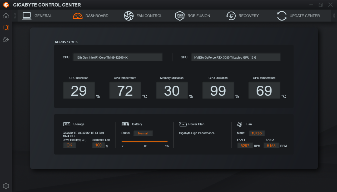 ▲ 게임 구동 후 15분이 지난 상황이다. CPU 온도는 72도, GPU 온도는 69도로 확인된다.
