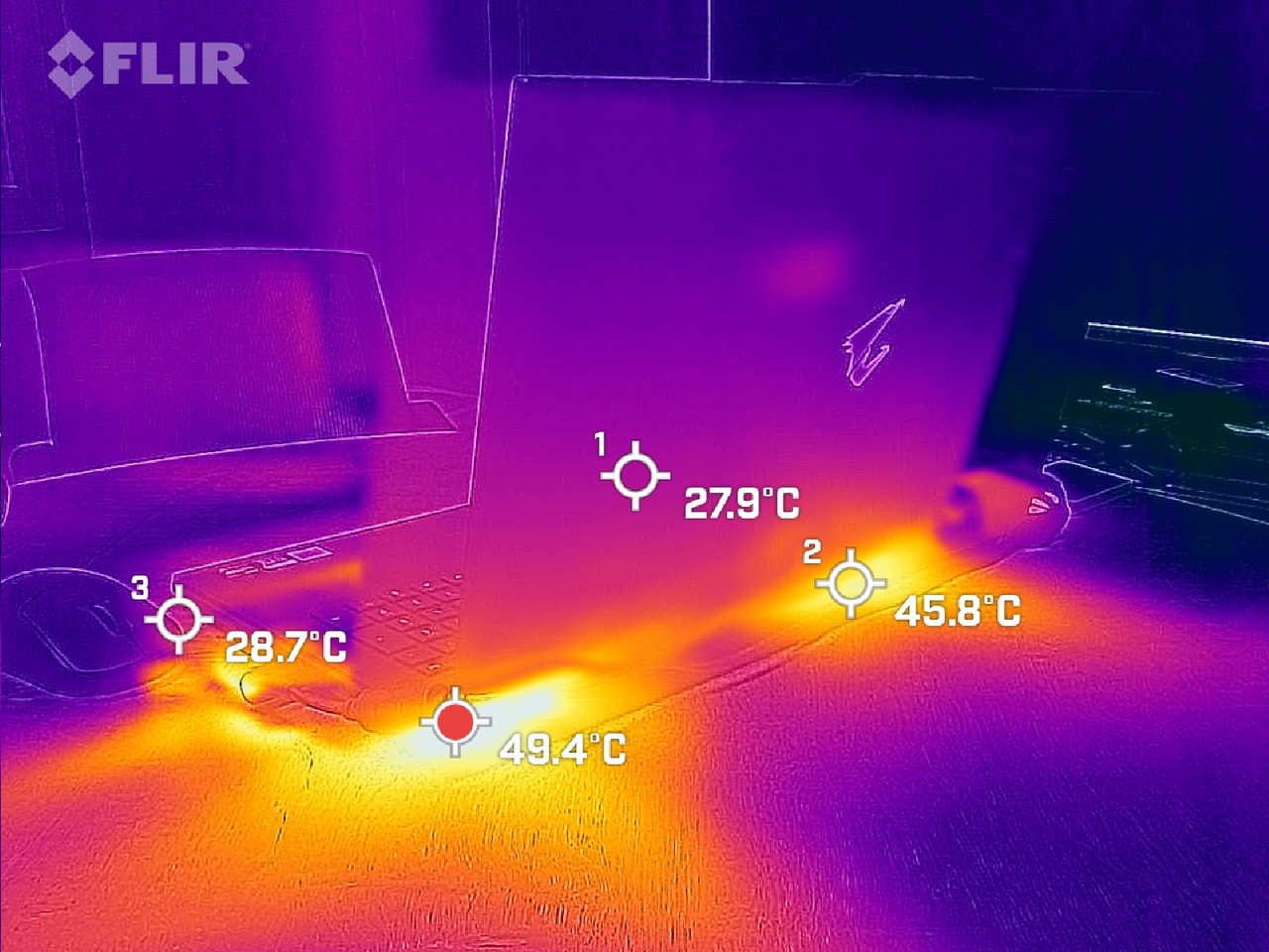 ▲ 노트북 후면부는 최대 49.4도로 확인된다. 후면부만 놓고 보면 어로스 17 YE보다 7도 정도 더 낮다. 확실히 쿨링 성능이 아주 뛰어나다.