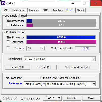 ▲ 싱글 스레드는 787.5점, 멀티 스레드는 8,828점이다. 라이젠 스레드리퍼 1950X(16코어 32스레드)보다 높다. 심지어 코어 i9-12900K(16코어 24스레드)에도 어느 정도 근접한다. 모바일 프로세서라고는 생각할 수 없는 수준이다.