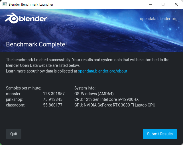 ▲ 블렌더 벤치마크 CPU 진행 결과. 몬스터 128.3, 정크샵 75.91, 클래스룸 55.85이다. 참고로 코어 i7-12700H인 어로스 17 YE가 몬스터 107.28, 정크샵 59.04, 클래스룸 45.65로 확인된다.