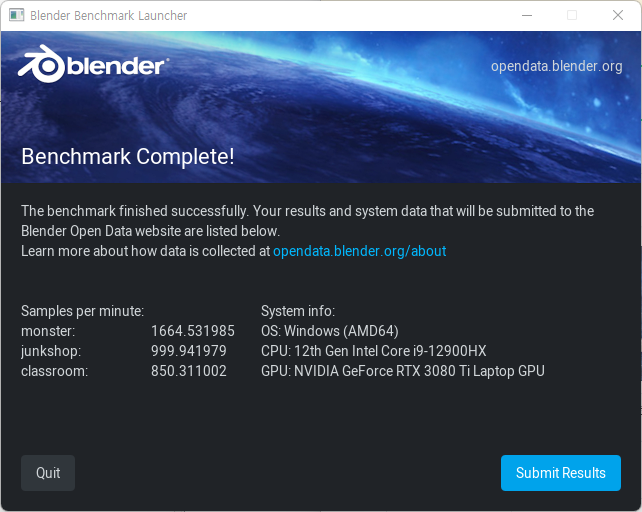 ▲ 블렌더 벤치마크 GPU 진행 결과. 분당 샘플 수가 CPU보다 크게 상승했다.